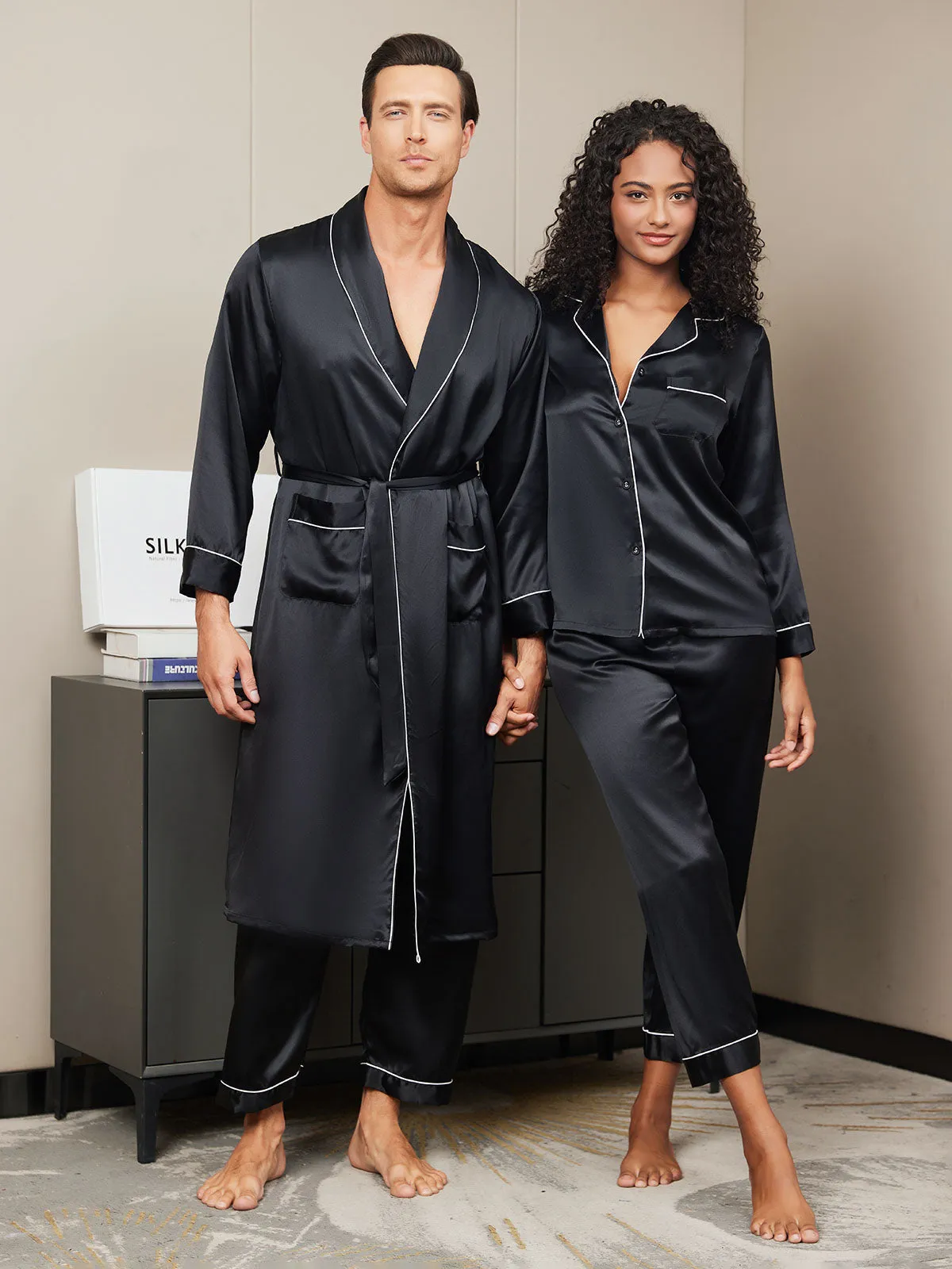 Pure Silk Couple Set - Men's Robe Pants & Women's Pyjama Set