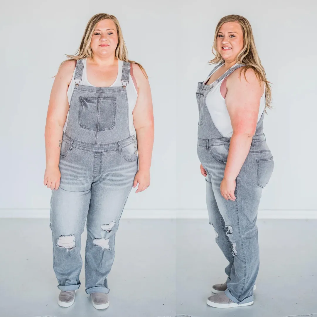 Rubies   Honey Grey Distressed Straight Leg Overalls Pre-Order