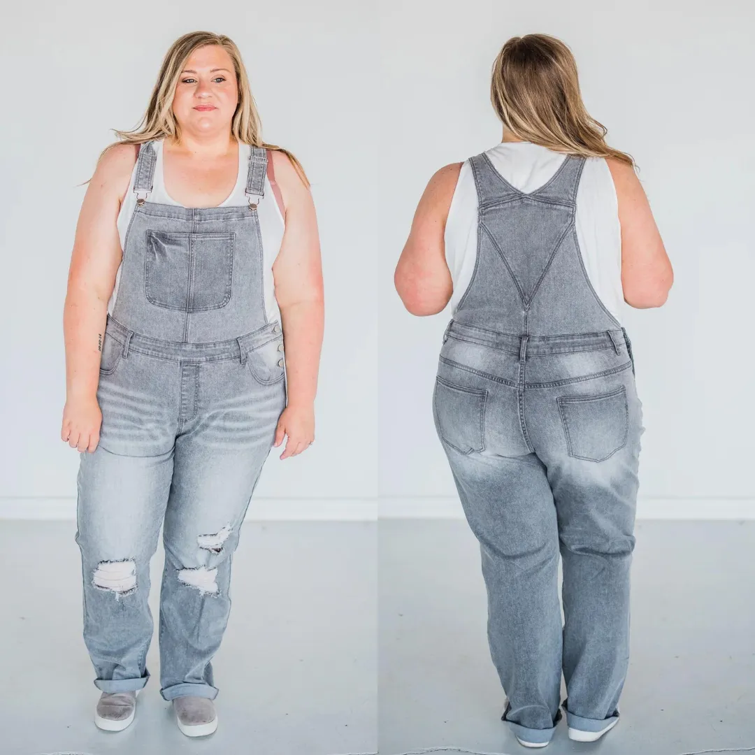 Rubies   Honey Grey Distressed Straight Leg Overalls Pre-Order