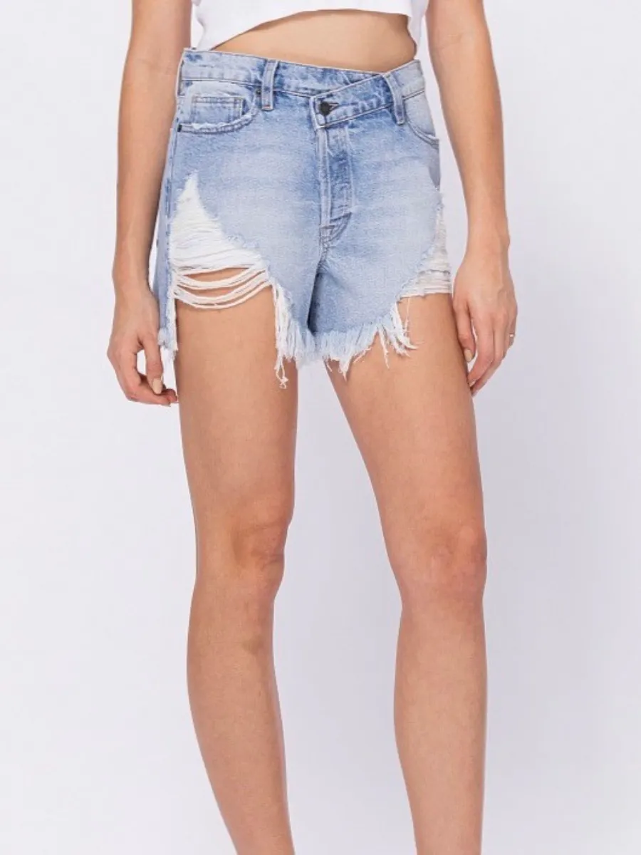 SOFIE CROSSOVER DENIM SHORTS IN BLUE