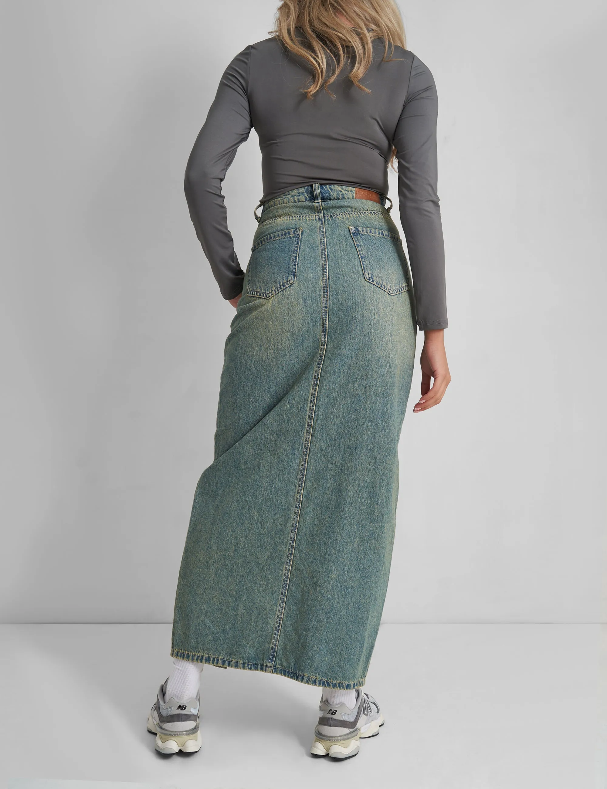 Split Front Denim Maxi Skirt Vintage Wash