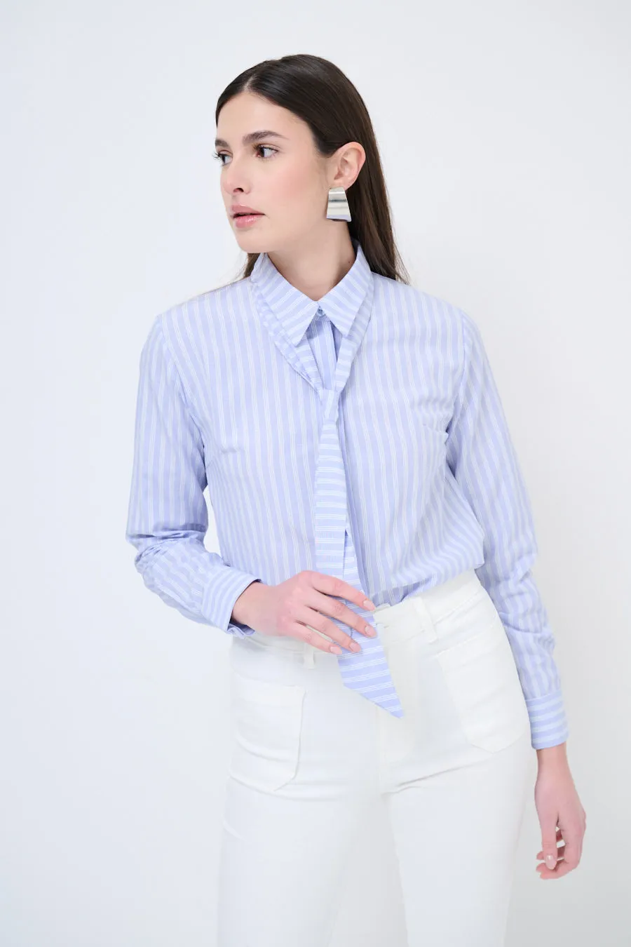 Striped collared blouse with tie wholesale