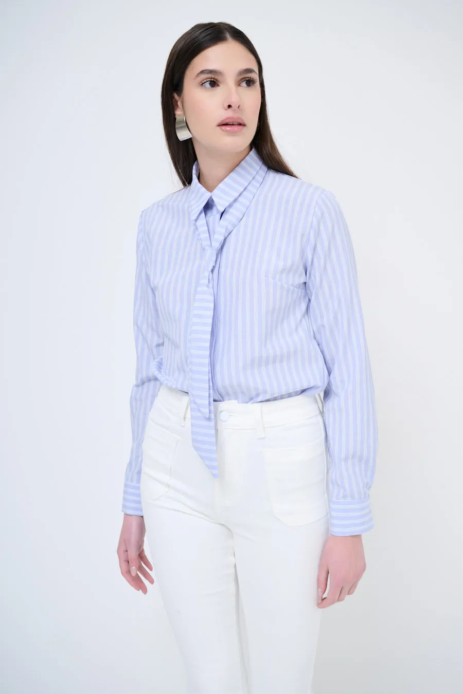 Striped collared blouse with tie wholesale