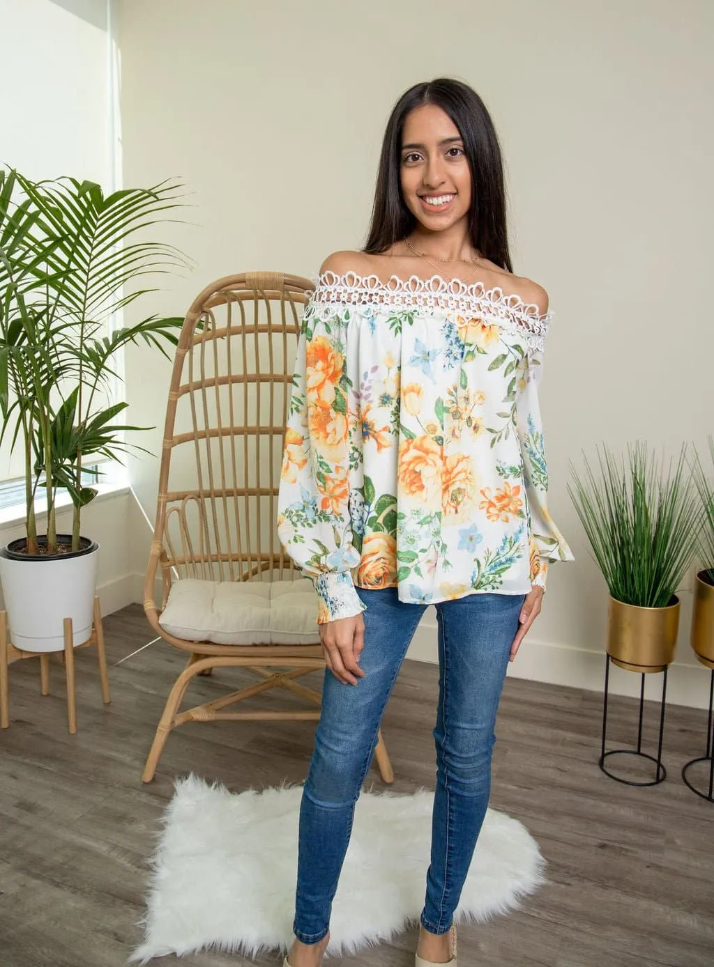 Sunny Side Off the Shoulder Floral Blouse - White