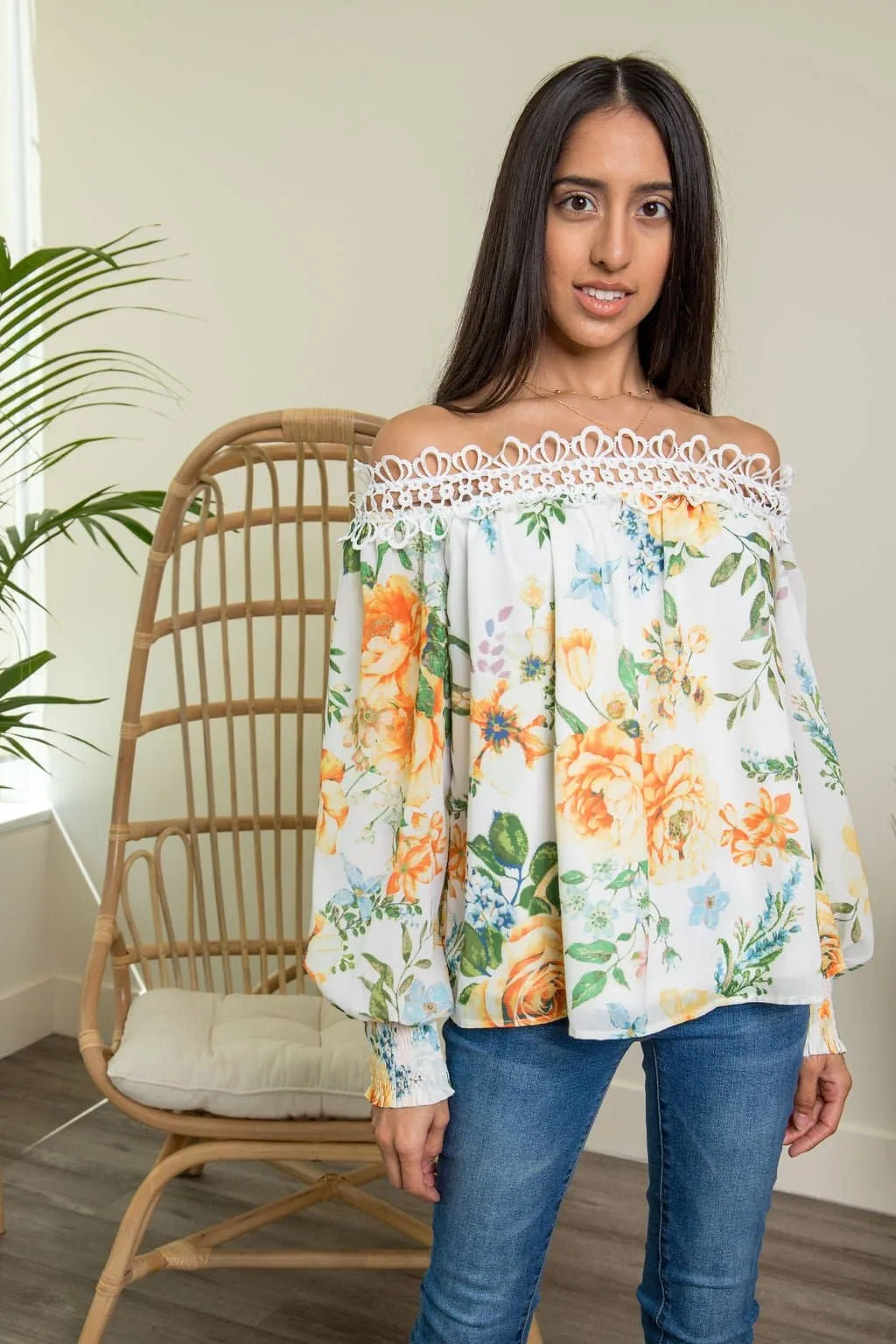 Sunny Side Off the Shoulder Floral Blouse - White