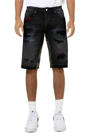 TEEK - Black Camo Paneled Released Hem Denim Shorts