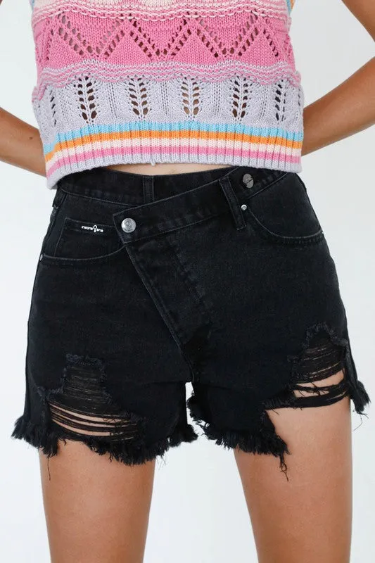 TEEK - BLACK CROSSOVER DENIM MOM SHORTS