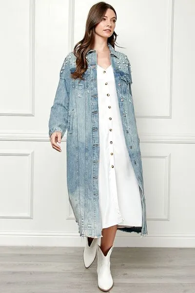 TEEK - Med-Wash Blue Distressed Raw Hem Pearl Button Up Jacket