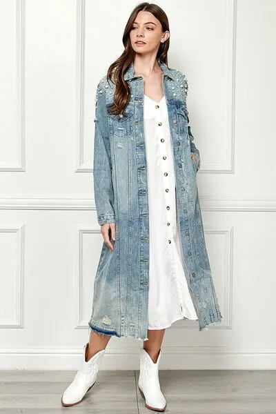 TEEK - Med-Wash Blue Distressed Raw Hem Pearl Button Up Jacket