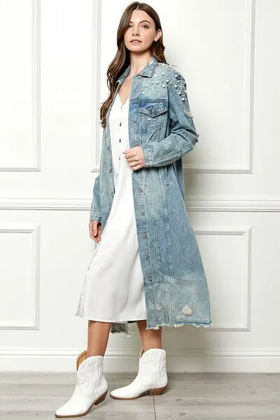 TEEK - Med-Wash Blue Distressed Raw Hem Pearl Button Up Jacket