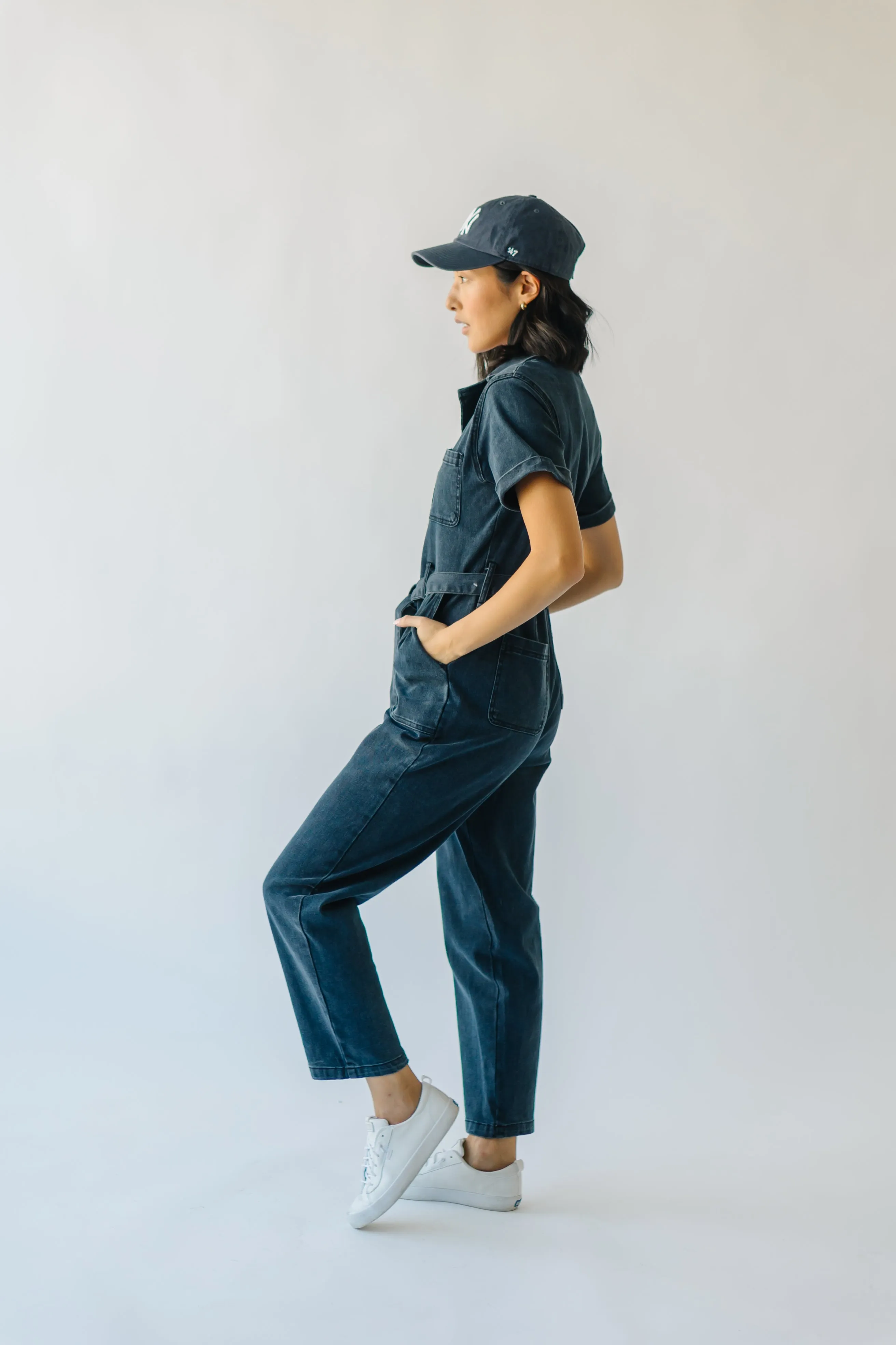 The Fleming Tie Denim Jumpsuit in Black