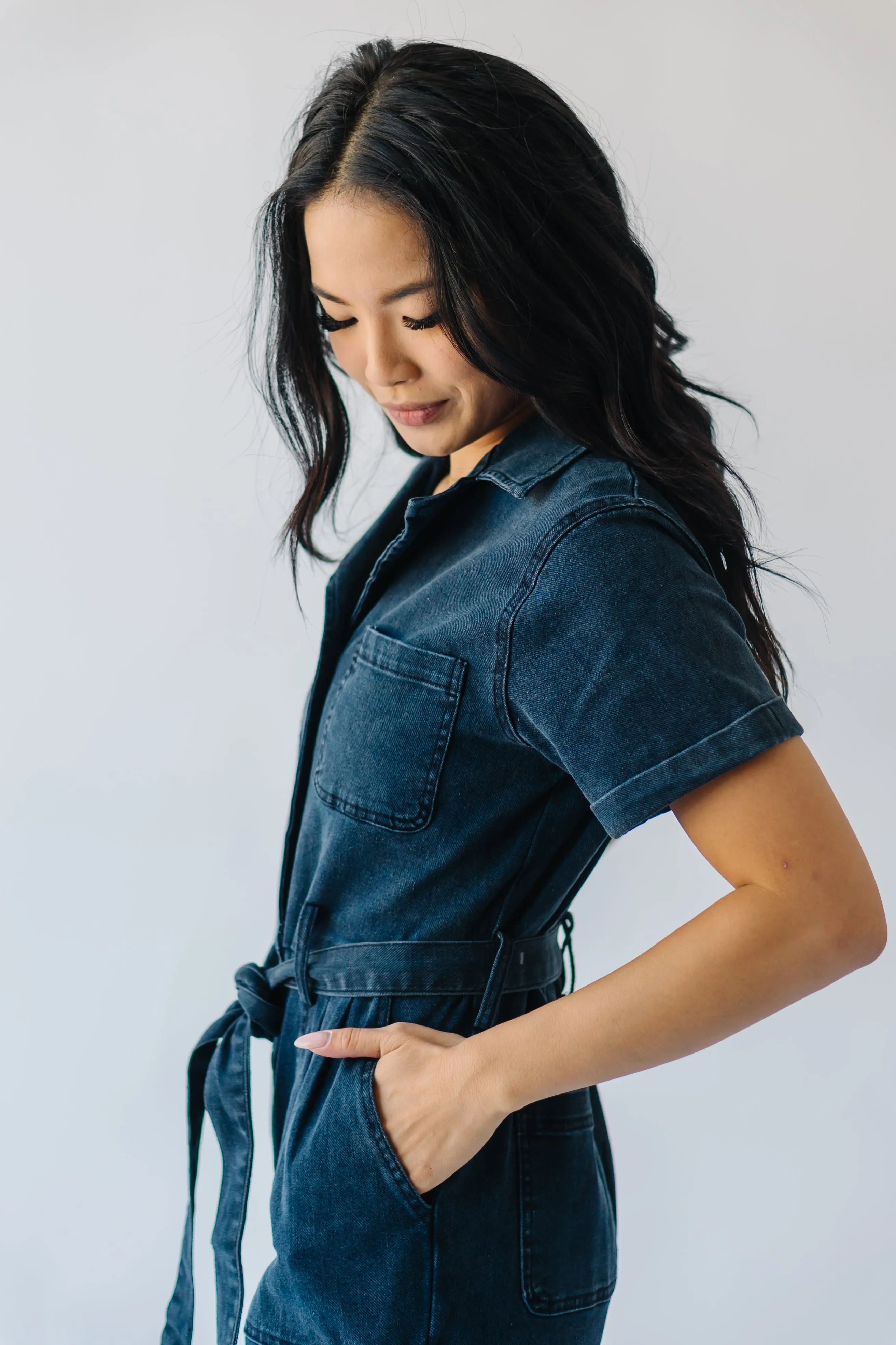 The Fleming Tie Denim Jumpsuit in Black