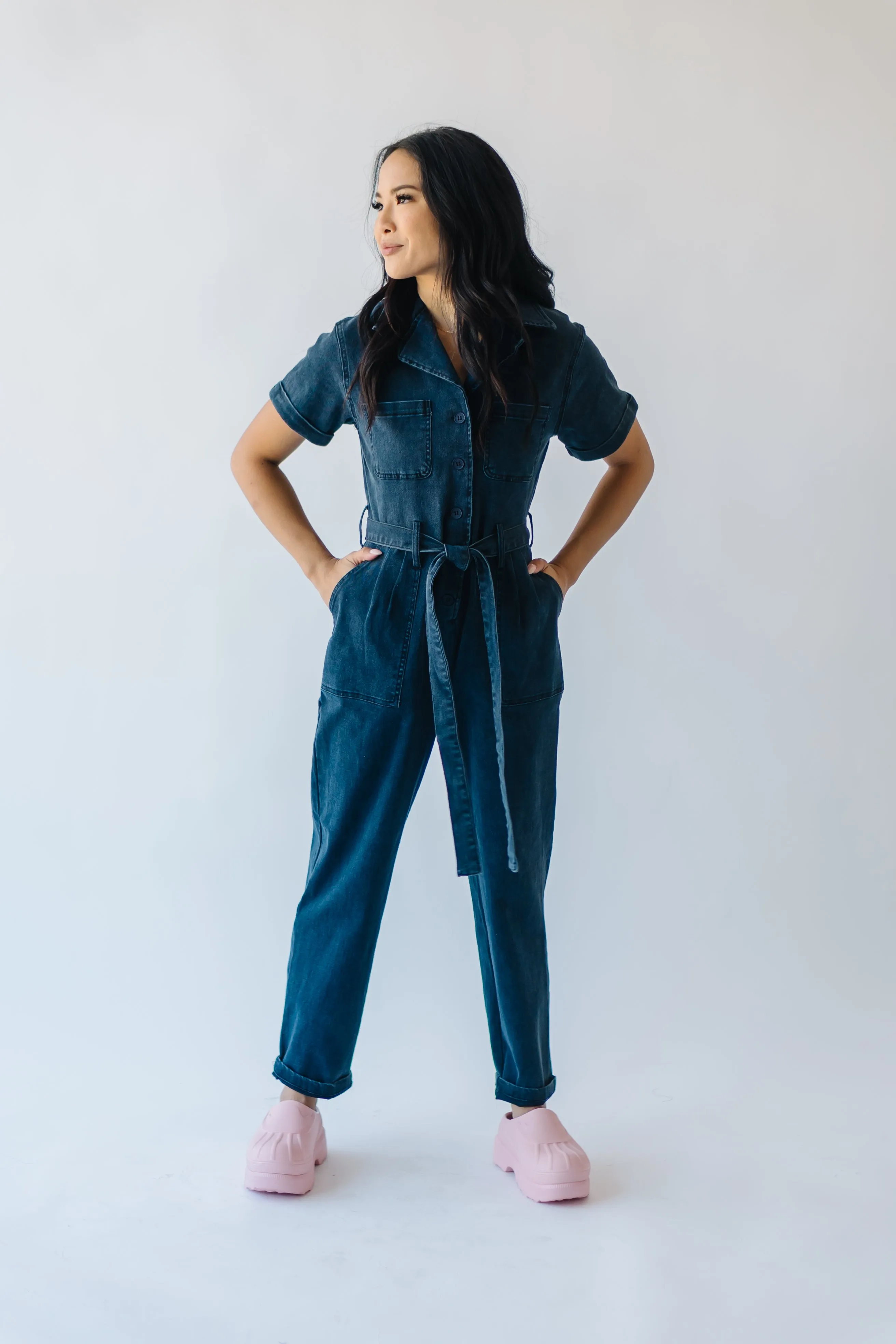 The Fleming Tie Denim Jumpsuit in Black