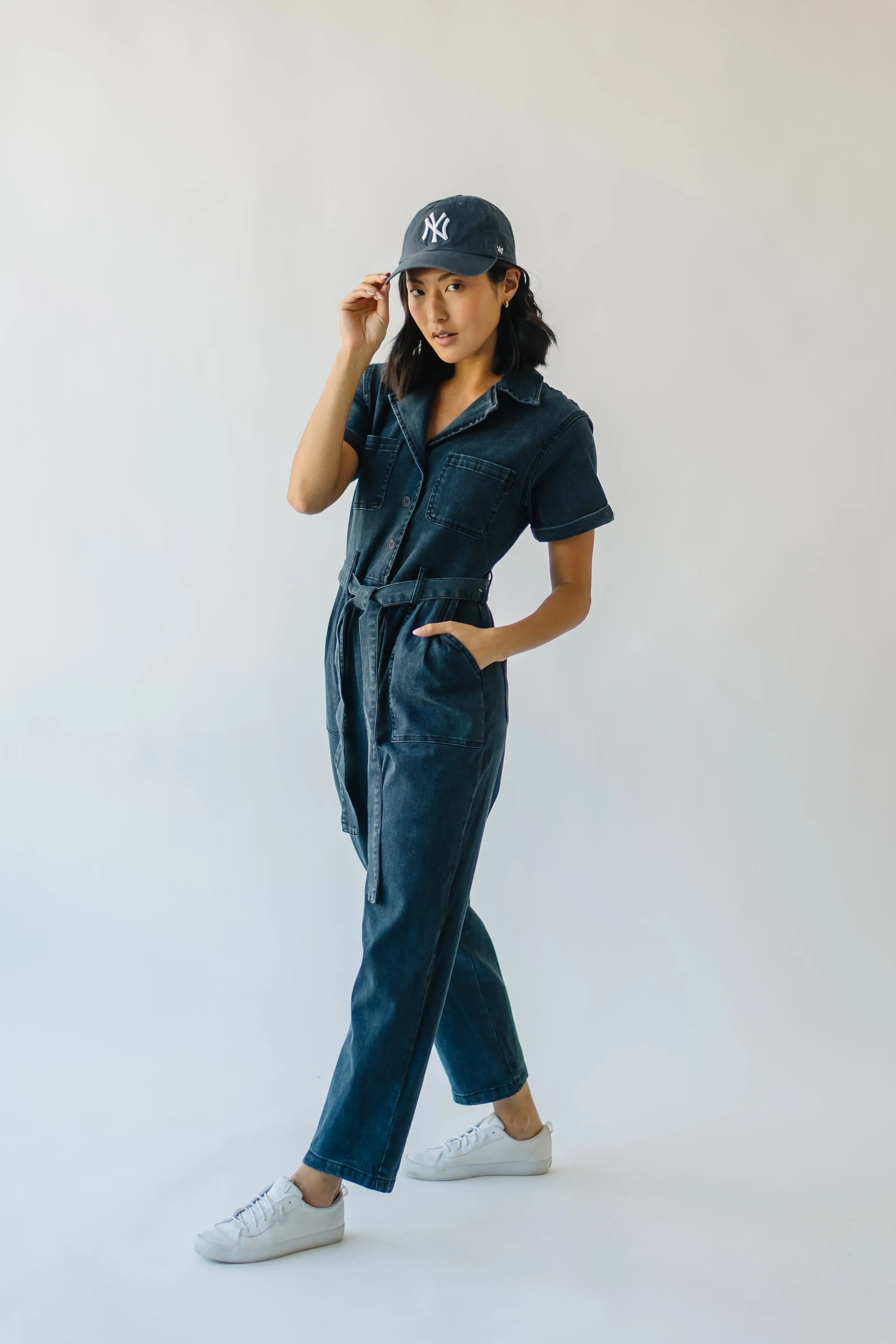 The Fleming Tie Denim Jumpsuit in Black