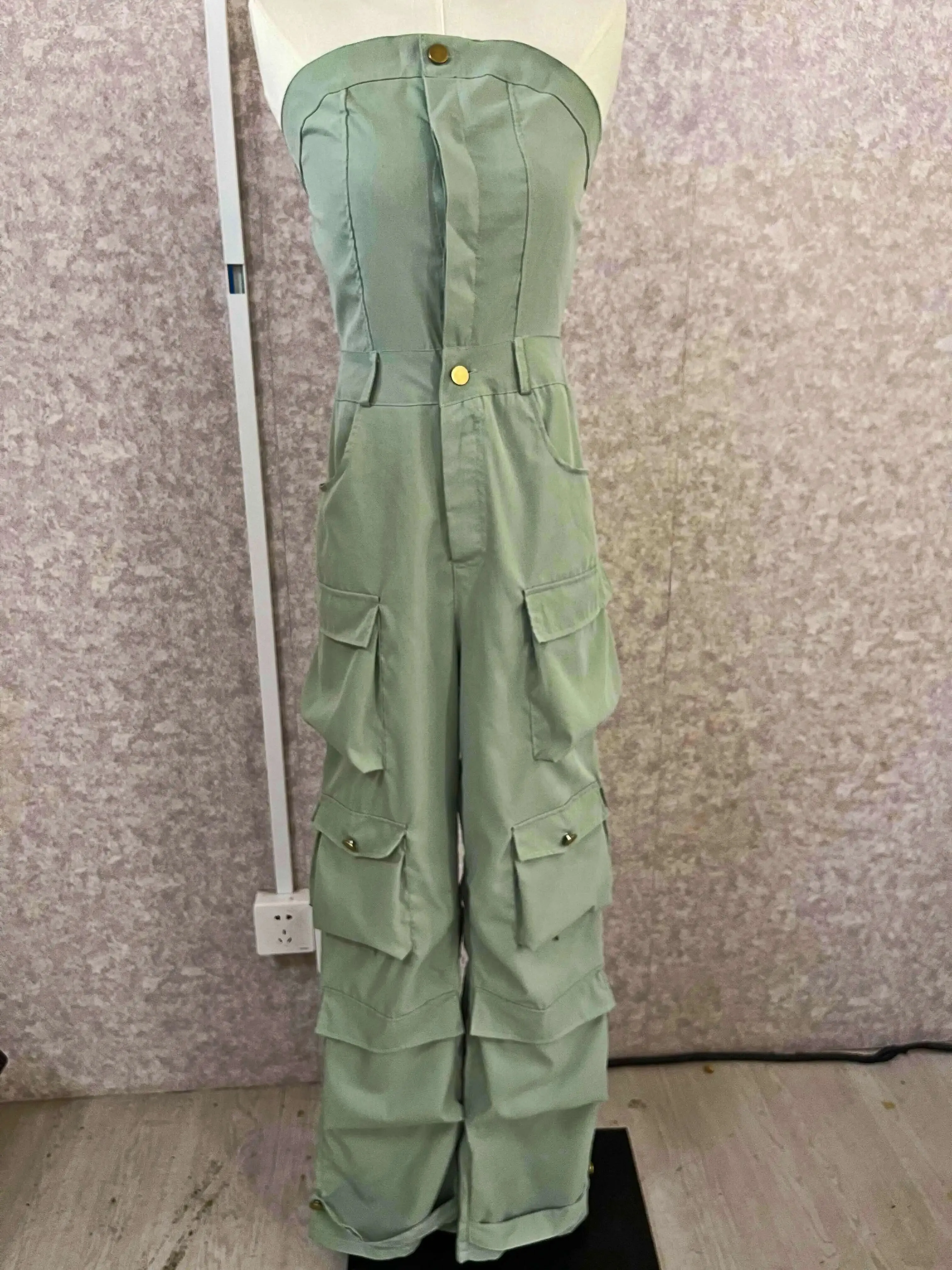 Trendy Strapless Ruched Cargo Jumpsuit