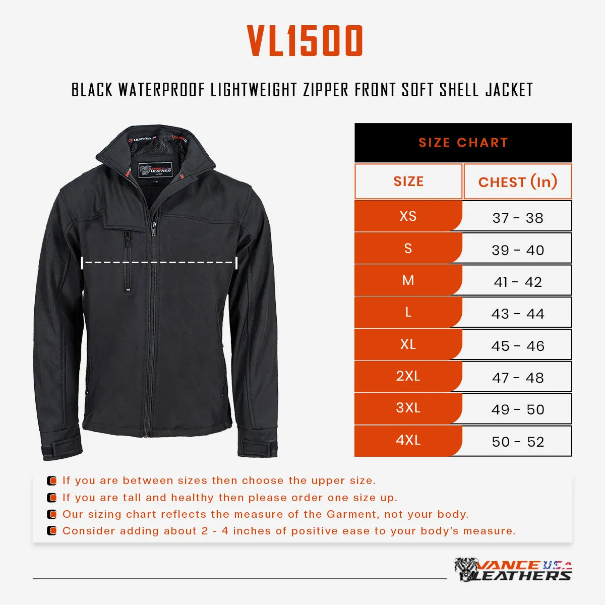 VL1500 Black Waterproof Lightweight Zipper Front Soft Shell Jacket