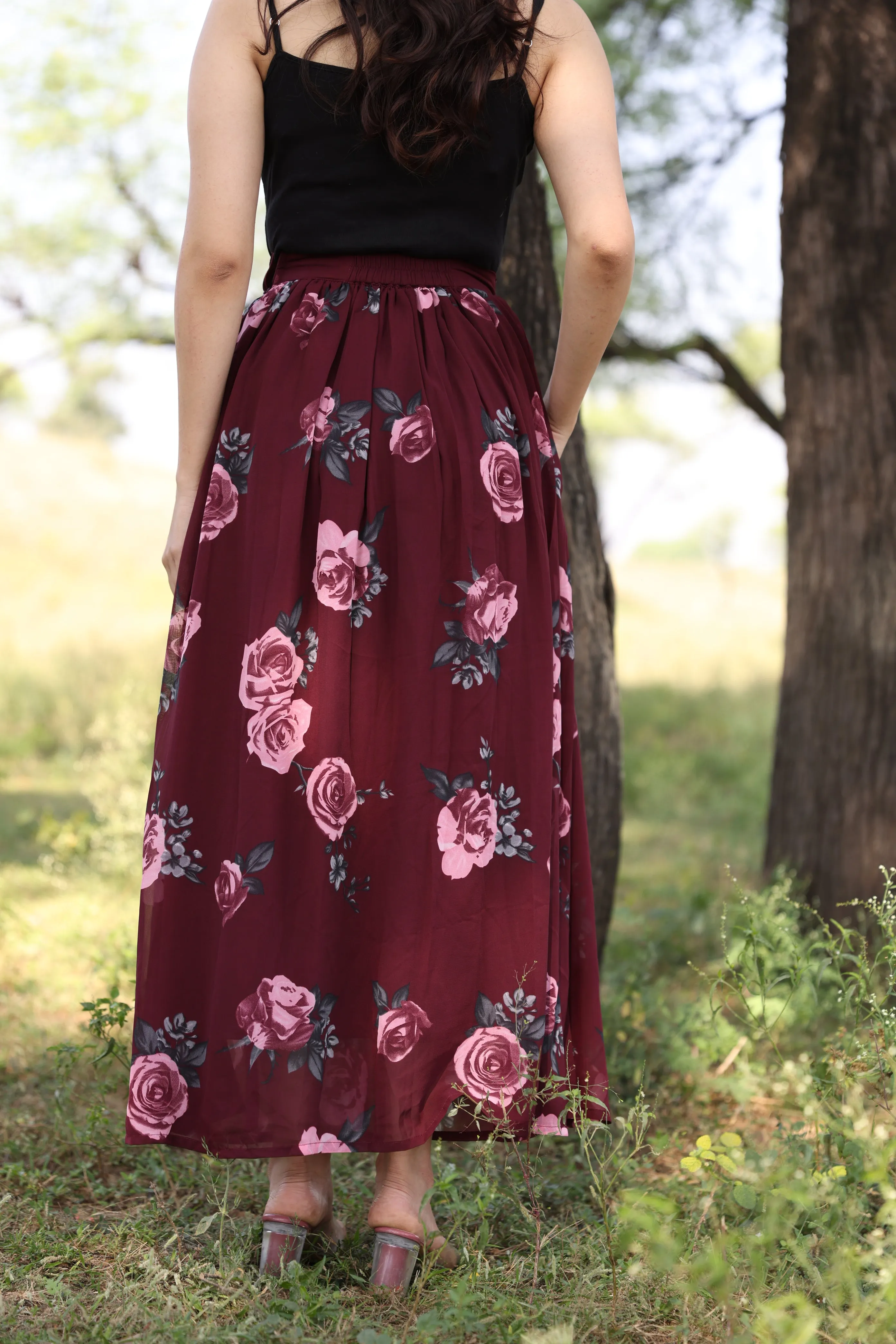 WINE FLORAL SKIRT