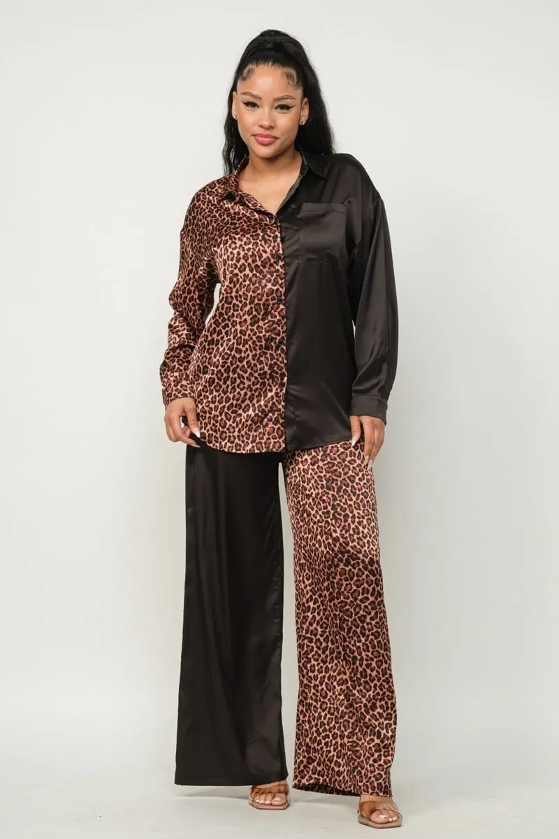 Women's Half animal print and half solid top and pants