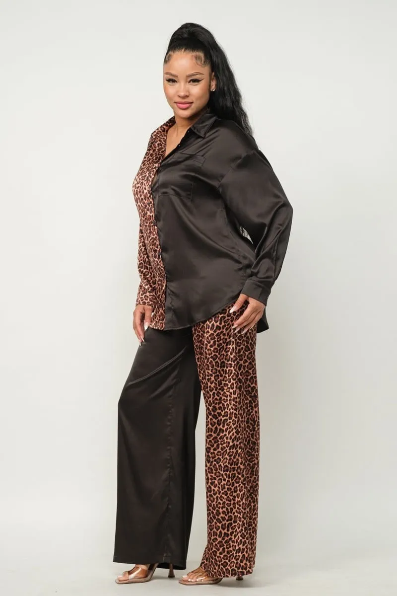 Women's Half animal print and half solid top and pants