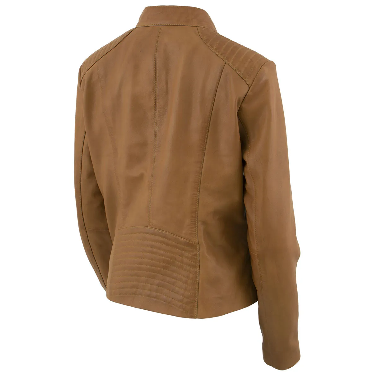 Xelement B91058 Women's ‘Keeper’Cognac Leather Scuba Style Biker Jacket with Snap Mandarin Collar